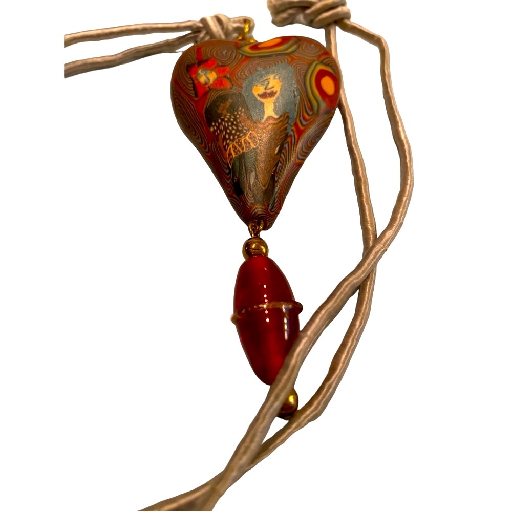Thailand Hand painted  Wood Heart Necklace 13”